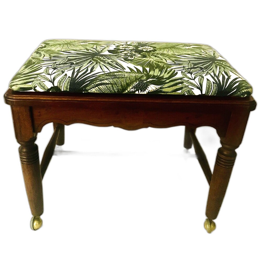 Antique Botanical upholstered storage bench Stool Solid Wood Brass Casters